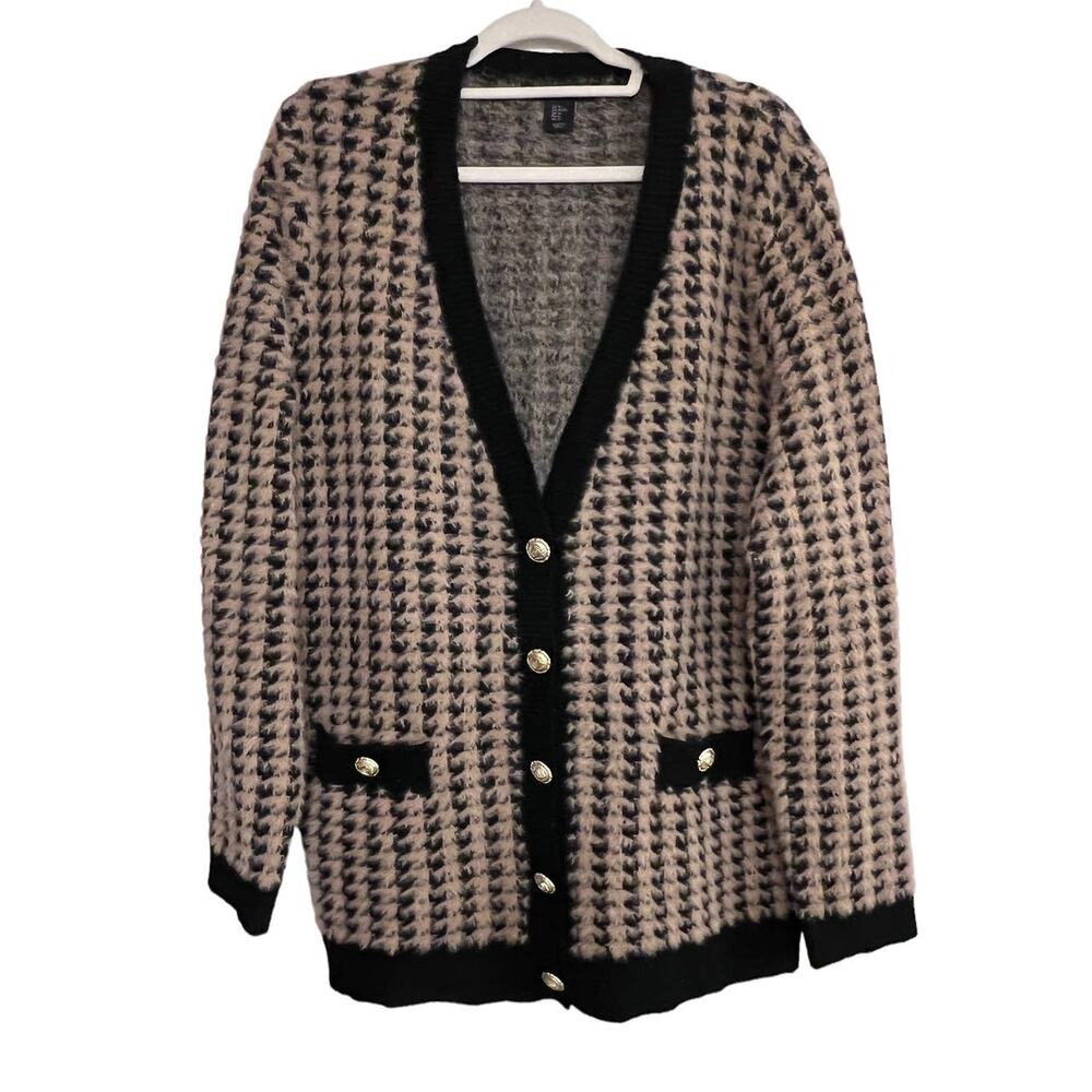 Tahari Eyelash Houndstooth Tan / Black Cardigan Sweater XL Career Office Classy